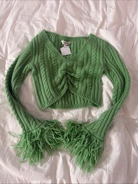 Y2K Green Cable-Knit Fringe V-Neck Sweater